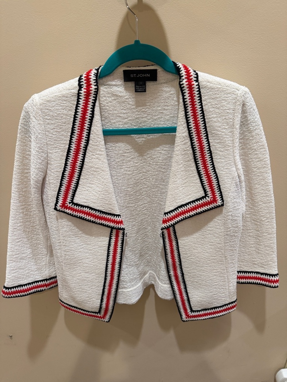 St. John White Cropped Open-Front Jacket Knit with Red & Black Trim